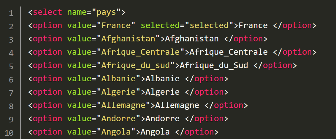 Liste déroulant des pays du monde en HTML dans un champs SELECT