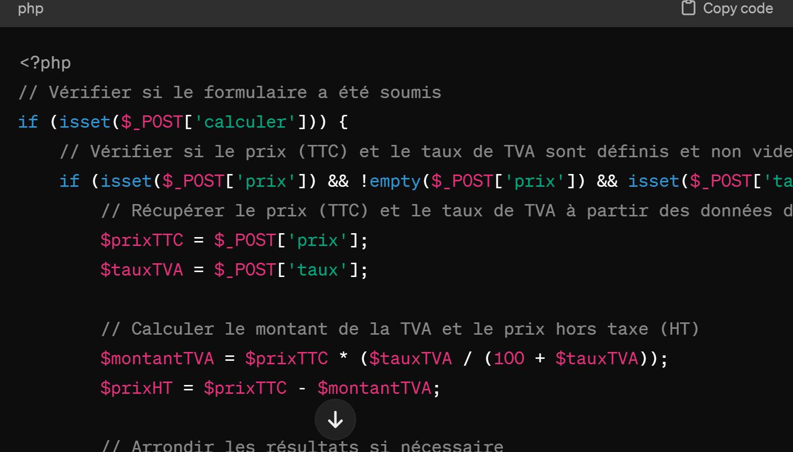 Script PHP pour calculer la TVA à partir du montant TTC